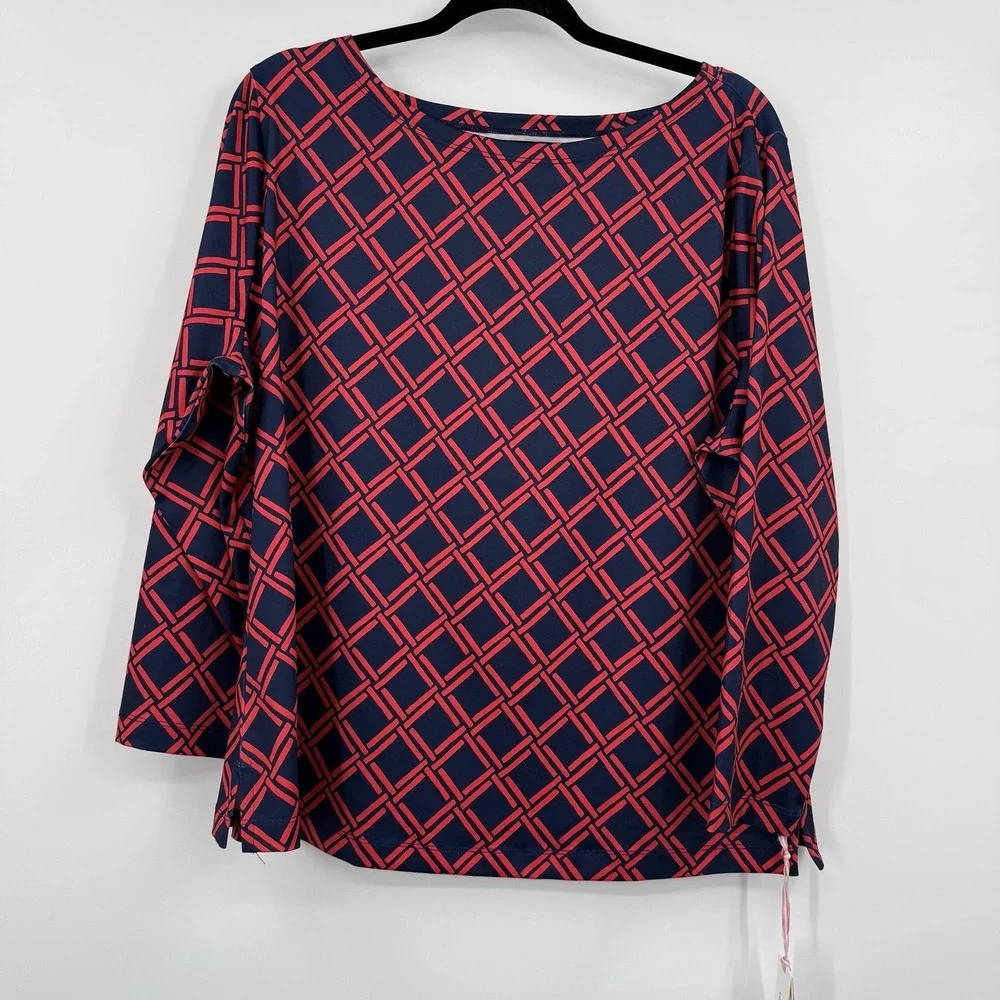 Vineyard Vines Top Womens XXL Blue Red Geometric 3/4 Sleeve Boat Neck Jersey UPF